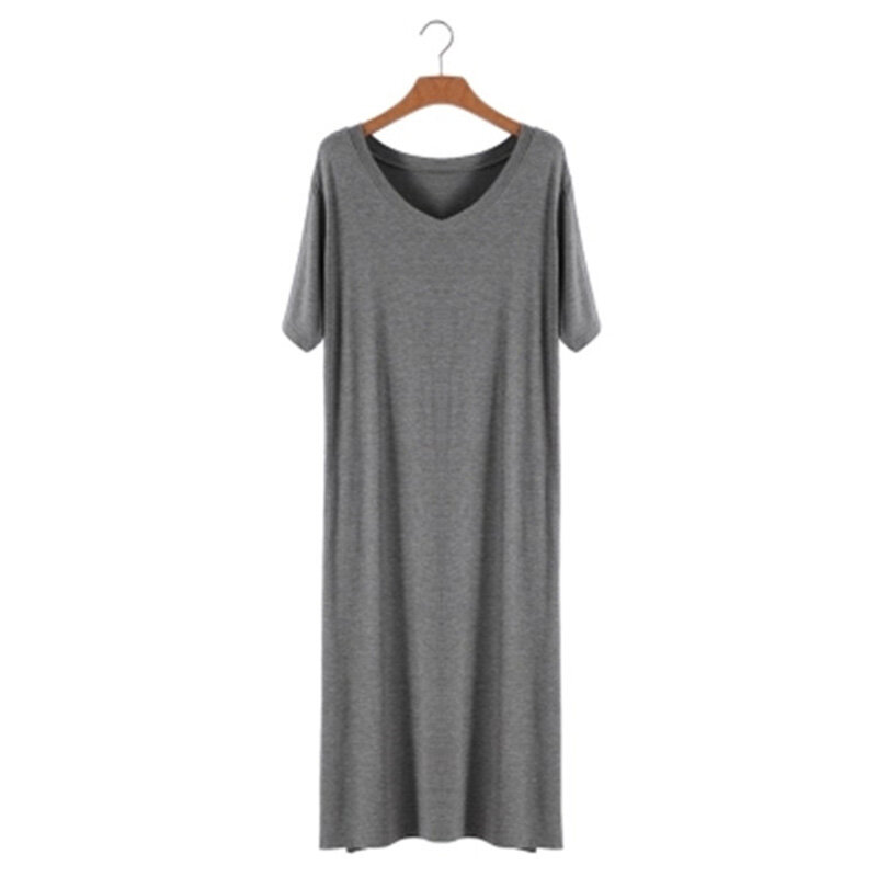 Plus Size Short Sleeve Sleepwear Dress Women Summer Soft Modal Casual Split Underskirt Nightgown With Pocket Nightwear Dress