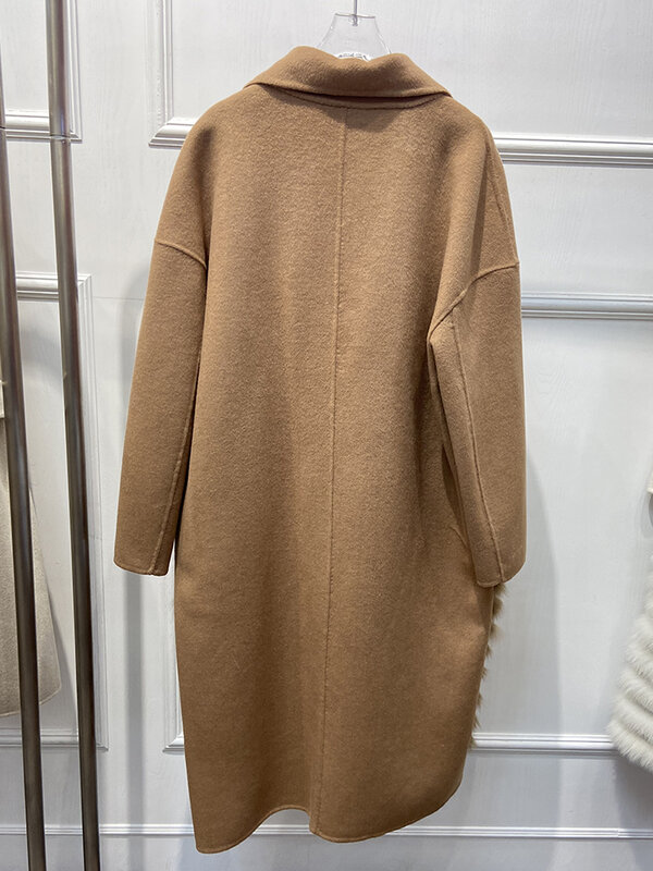 Женское длинное свободное шерстяное пальто, роскошная зимняя теплая шерстяная верхняя одежда из натурального Лисьего меха, Осень-зима 2023