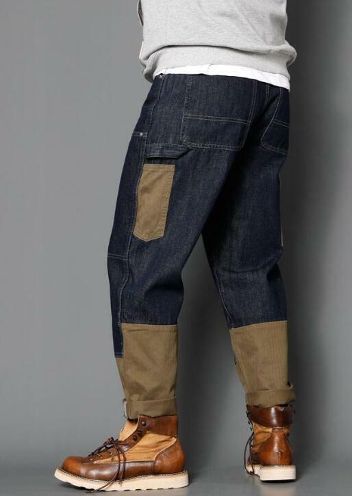 Herren-Soft jeans, Herren-Jeans mit lockerem, geradem Bein, Herbst-Winter-Patchwork hose mit mehreren Taschen