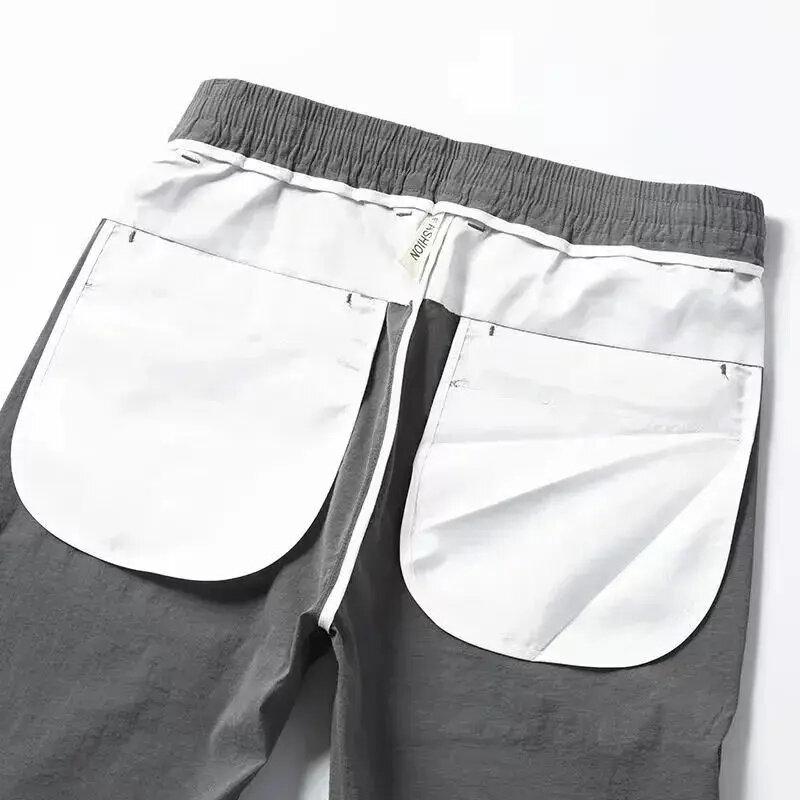 Pantalones informales con bolsillos para hombre, ropa cómoda con cintura elástica y cordón, Color sólido, verano, 2024