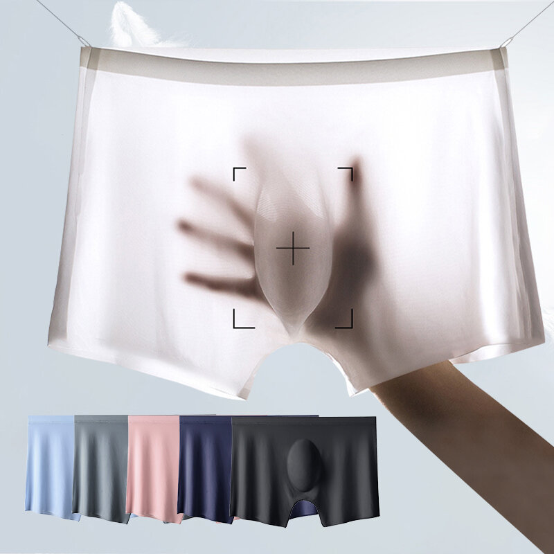 Bóxer de seda de hielo para hombre, ropa interior Sexy sin costuras, lencería ultrafina y transpirable, 2 piezas