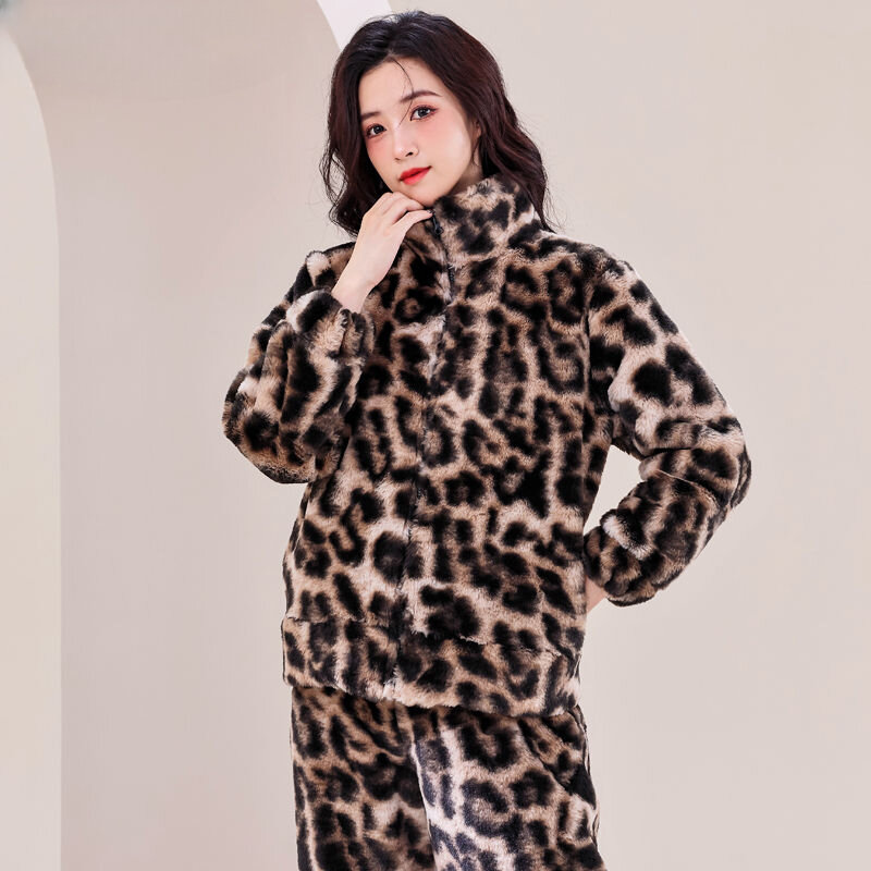 Women Pajamas Autumn Winter Thicken Large Size Warm Sleepwear Set Female Fashion Leopard Print Stand Collar Homewear Suit 2024