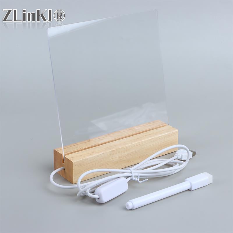 1 Set Night Light Battery Powered Blank Acrylic Led Writing Board Wood Base with Mark Pen Color Changing Lamp for Decor