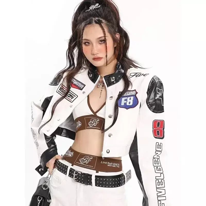 2024y2K Autumn and Winter American Street Hot Girl Motorcycle Couple Leather Jacket PU Leather Embroidered Baseball Uniform Jack