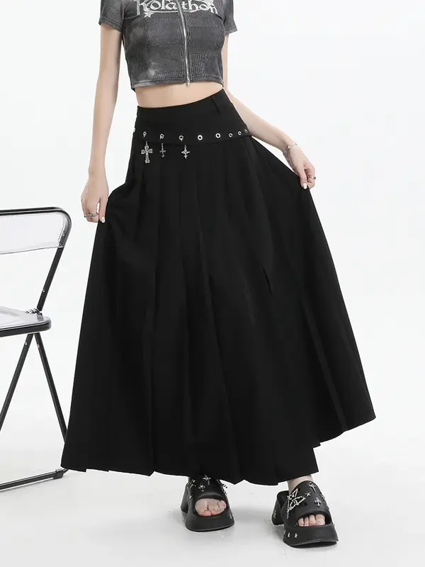 Women's Black Gothic A-line Skirt with Slit Vintage Aesthetic Y2k Long Skirt Harajuku Streetwear Emo Skirt 2000s Clothes Summer