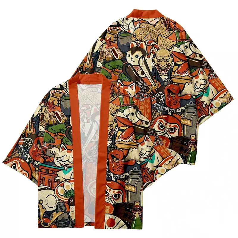 Streetwear Vest Demon Samurai Kat Print Shirt Kleding Traditionele Haori Kimono Vrouwen Mannen Harajuku Japans Strand Yukata Top