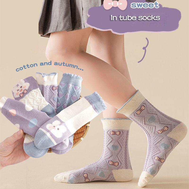 5 Pairs/Lot Cute Rabbit Bow Children Socks Summer Breathable Mesh Girls Middle Tube Socks Kids Casual  Socks