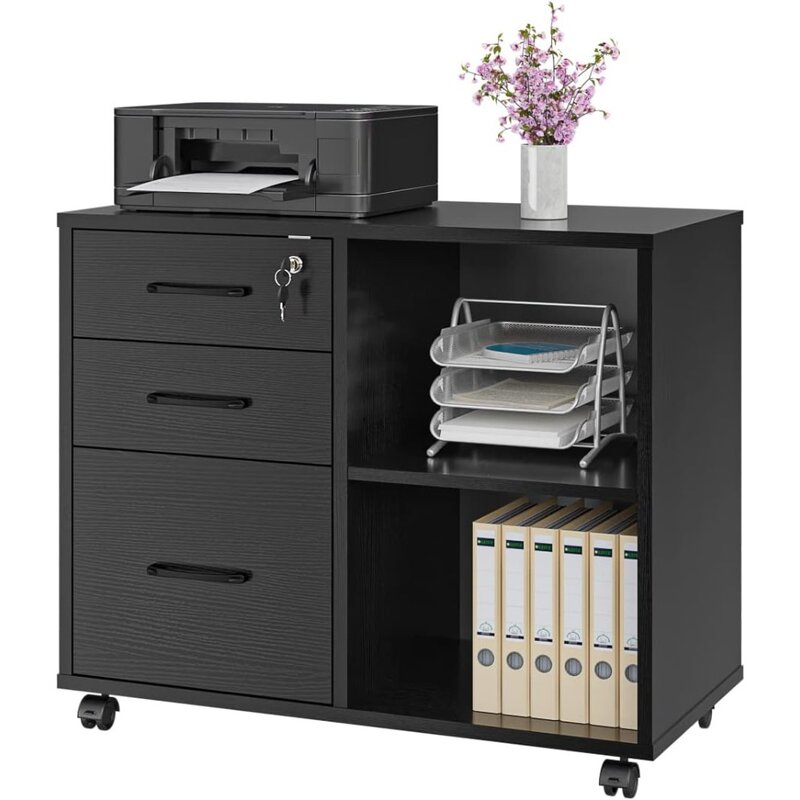 Armário de arquivo do escritório com prateleira de armazenamento aberto, arquivamento do armário, lateral móvel, suporte da impressora, 3 gavetas