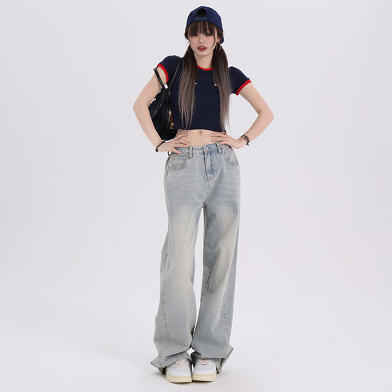 Jeans lurus serbaguna wanita, celana Denim pinggang tinggi Streetwear kaki lebar longgar untuk perempuan 2024