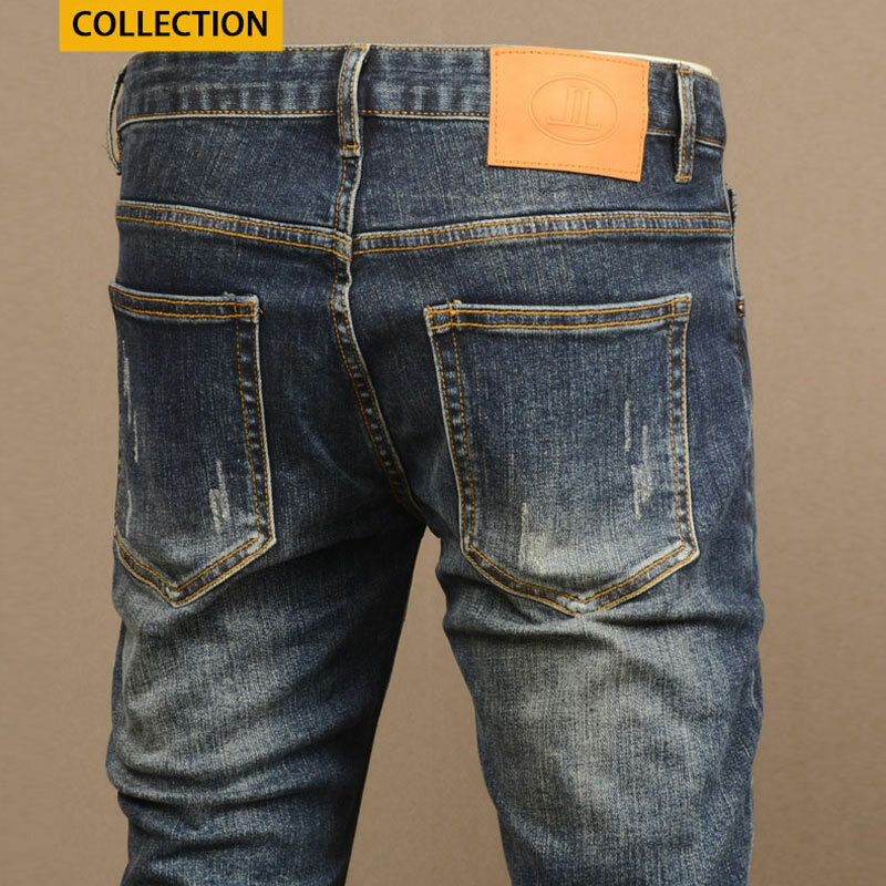 Pantalones vaqueros rasgados de estilo coreano para hombre, ropa de calle informal de diseñador Vintage, azul Retro, elásticos, ajustados