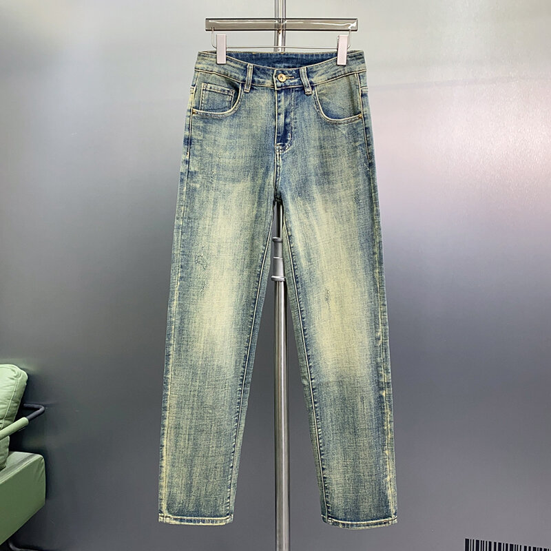 Simple retro washed men's casual jeans high-quality blue thin section of spring and summer Slim micro-stretch straight trousers