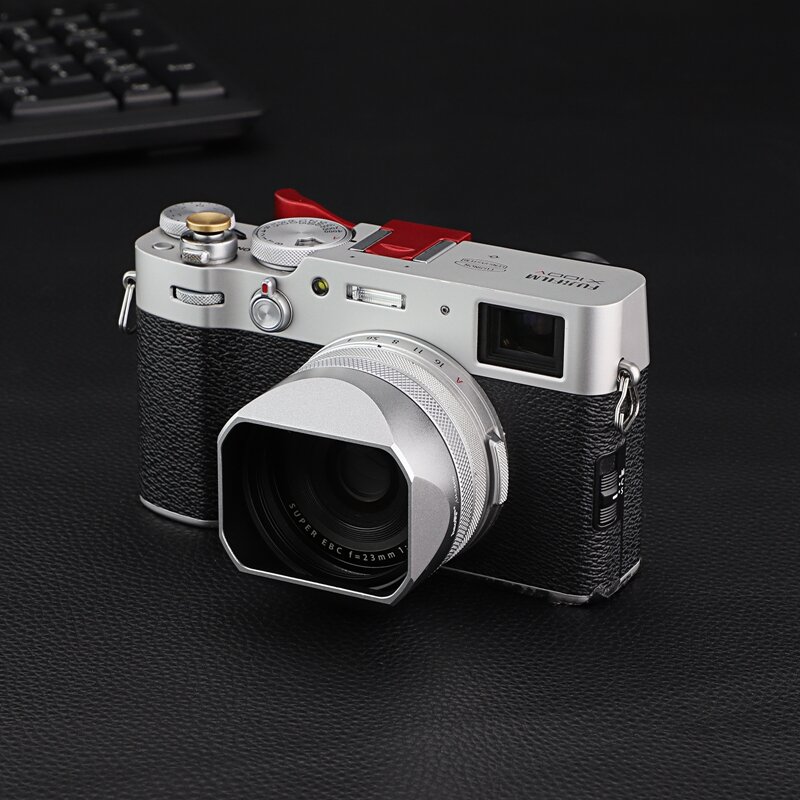 Haoge LH-X54W Platz Metall Objektiv Haube mit 49mm Adapter Ring für Fujifilm Fuji X100V Kamera Silber