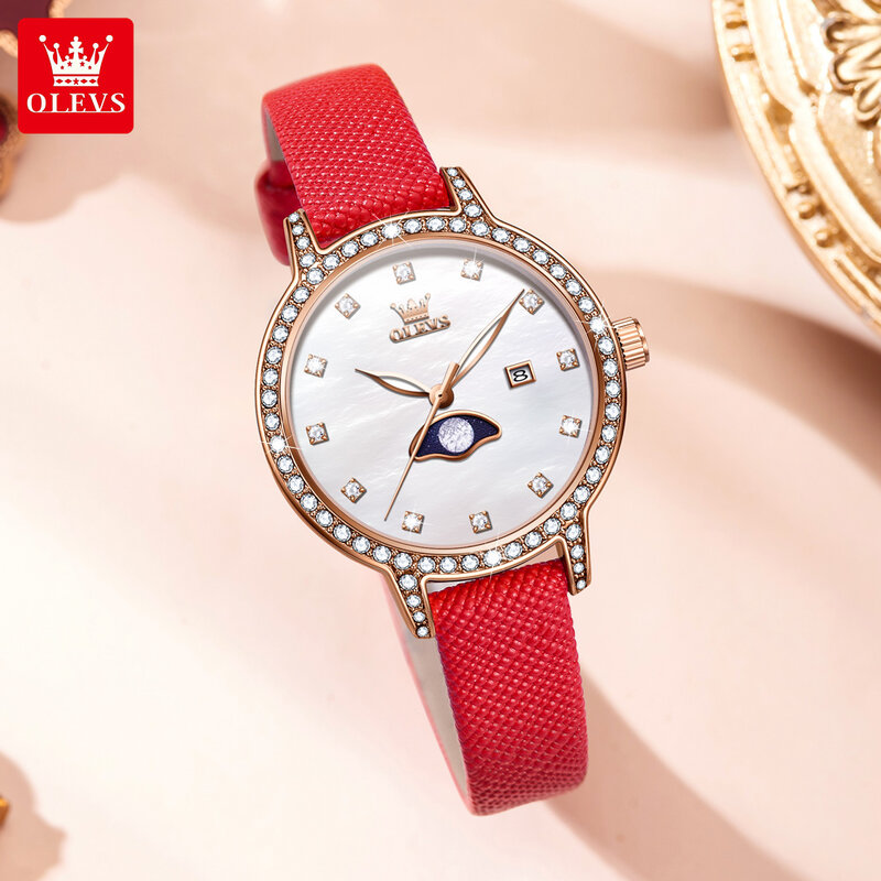 OLEVS-Relógio de quartzo de couro impermeável feminino, mostrador pequeno, relógios calendário, marca top, luxo, moda