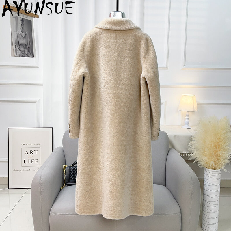 AYUNSUE-Chaqueta de lana Para mujer, abrigo largo de piel de oveja con cuello, moda de otoño e invierno, 100%