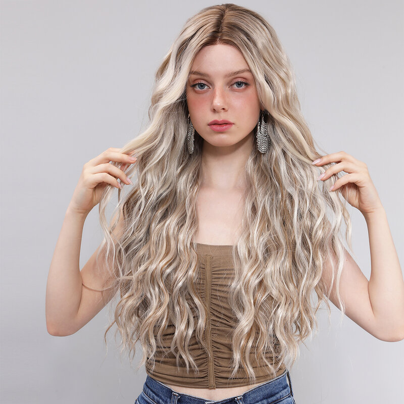 Smilco Omber Brown T-Part 13X5X1 Lace Front Synthetic Wave Wigs For Women Invisible Lace Front Preplucked Wig Heat Resistant