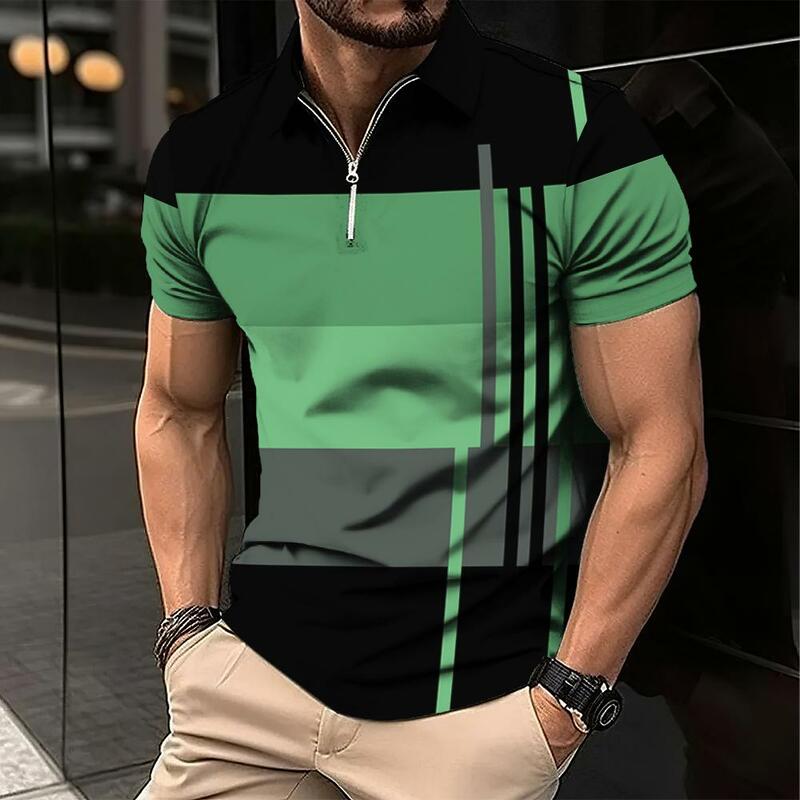 Męska koszulka Polo z zamkiem błyskawicznym 3d nadruk w paski modna odzież letnie luźna koszulka biznesowe męska koszulka Polo z krótkim rękawem Street Top