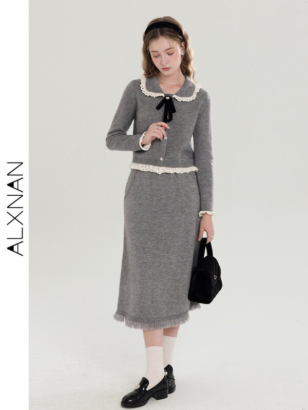 Alxnan-女性用ニットラペルコスチュームセット、シングルブレストセーターとニットスカート、2ピーススーツ、個別販売、t00921、秋