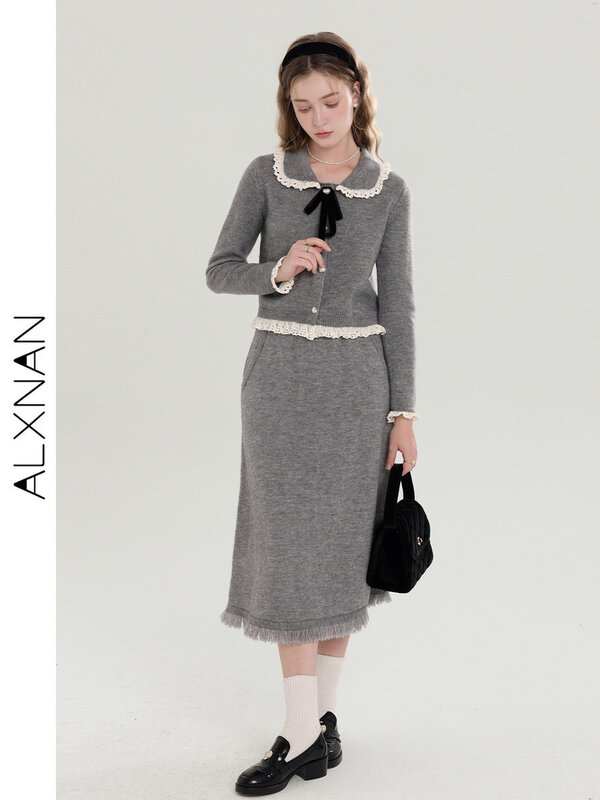 Alxnan Herbst Damen Kostüm Stricken Revers Einreiher Pullover Strick rock Anzüge 2 Stück Sets verkauft separate t00921