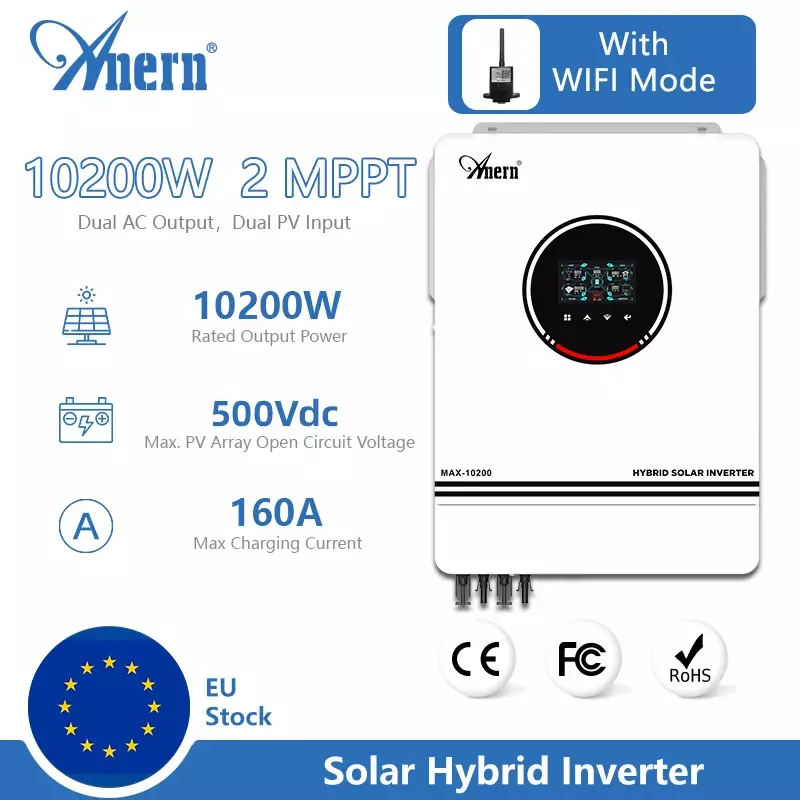 Onduleur Solaire Hybride MPPT de 10,2 kW, 8200/10200W, 48V DC, 160A, 230V, Onde Sinusoïdale Pure, pour Chargeur de Batterie