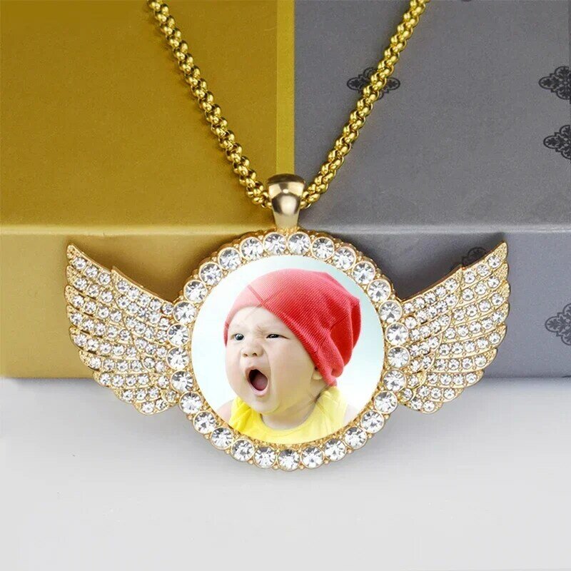 Custom Baby Photo Angel Wings Pendant with Long Chain Rhinestones Necklace Personalized Glass Dome Picture Customized Jewelry