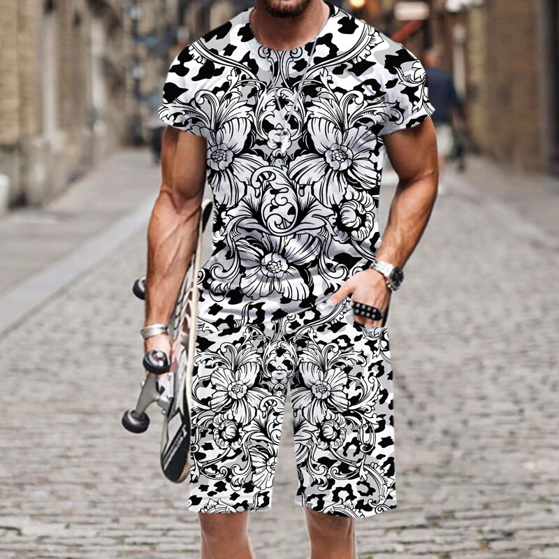 Camiseta masculina shorts definir casual estampa leopardo engraçado praia verão outfit o pescoço agasalho 2022 nova manga curta roupas esportivas rua