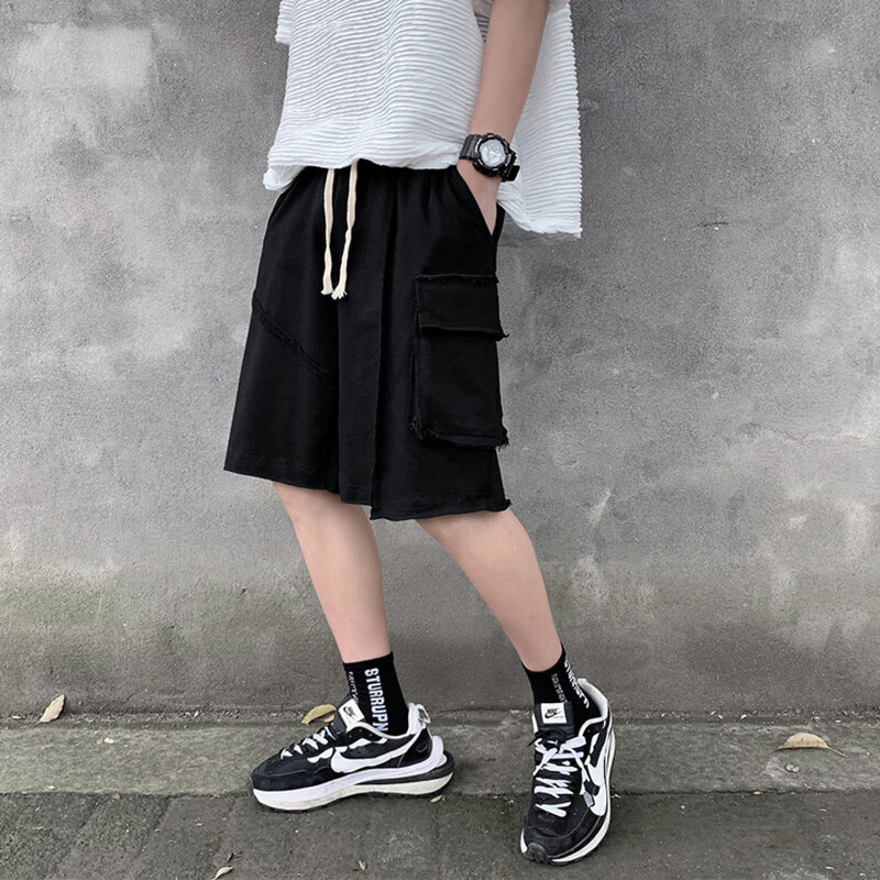 PFNW Dark Style Knee-length Shorts Loose Big Pocket Design Personality Elastic Waist New Trendy Male Lace-up Short Pants 28W3315