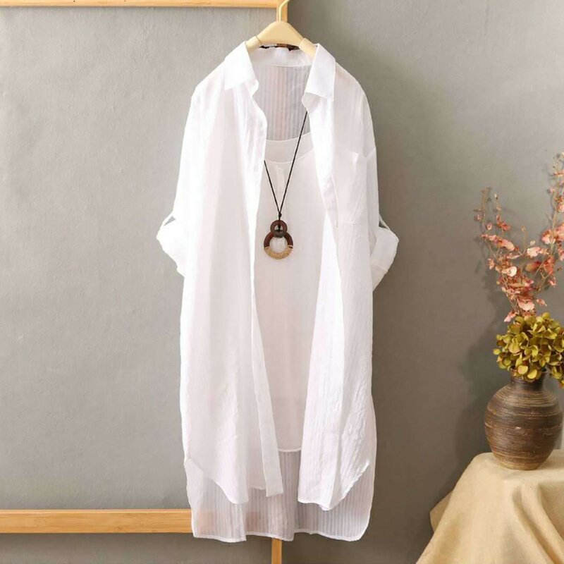 Chemisier blanc en coton à manches longues pour femmes, chemises solides décontractées, chemisier femme, haute qualité, été, 2024