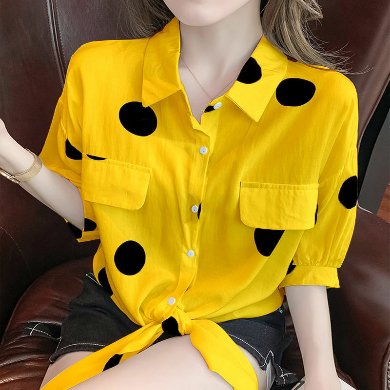 Mode Revers Lose Verband Bogen Polka Dot Shirt frauen Kleidung 2023 Sommer Neue Übergroßen Casual Tops Halbe Hülse Korean bluse