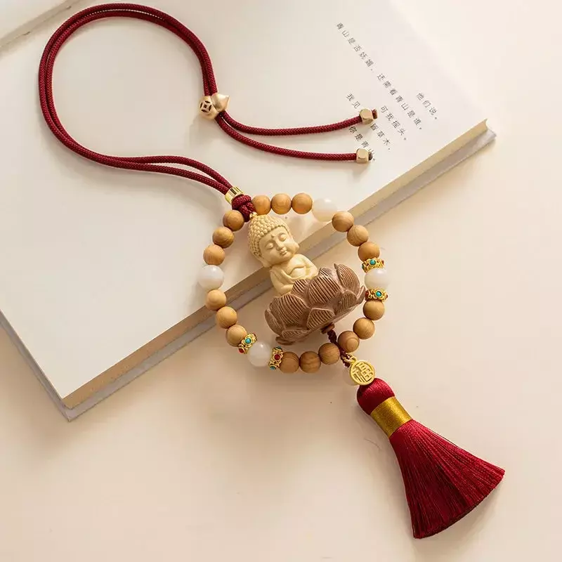 2024 New Foyou Liansheng Handmade Solid Wood Carved Buddha Tassel Pendant Short Hanging Ornaments Bag Mobile Phone Charms Bless