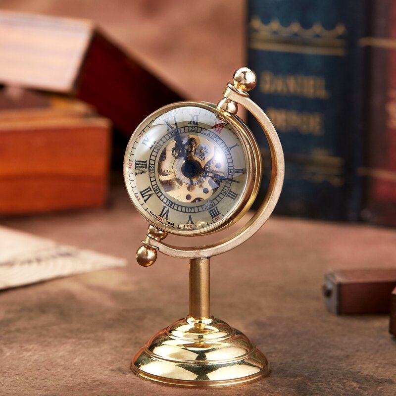 Retro miedź, obracający się złoty zegarek na biurko, mechaniczny zegarek kieszonkowy, ręczne nakręcanie ruchome luksusowa dekoracja biurowe jako przedmiot kolekcjonerski