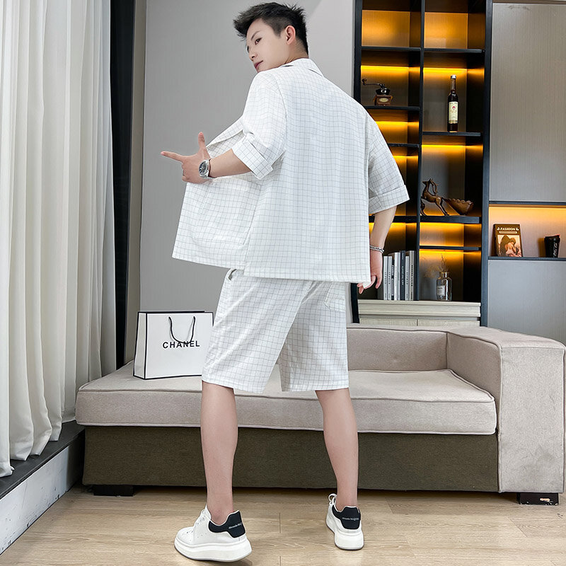Summer Men's Blazer & Shorts Set Elegant Plain Lapel plaid Print Short Sleeve Blazer & Shorts 2Pcs Suit