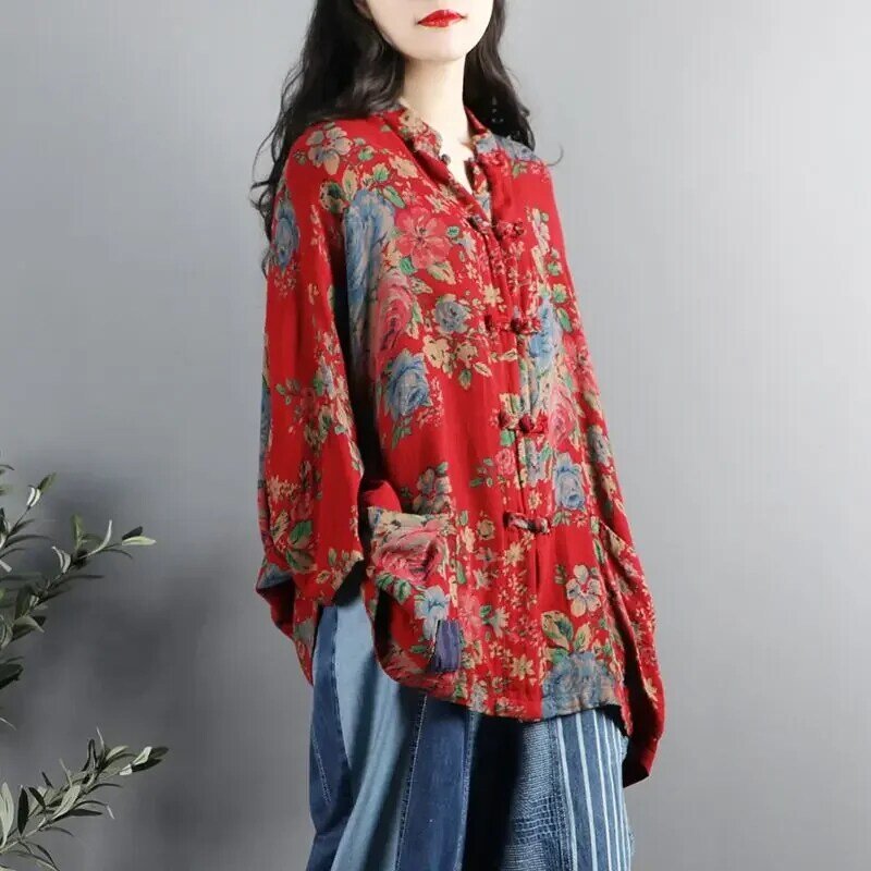 Kemeja katun dan Linen motif bunga bergaya etnik, atasan longgar kasual lengan tiga perempat kerah berdiri Retro bergaya Tiongkok untuk wanita