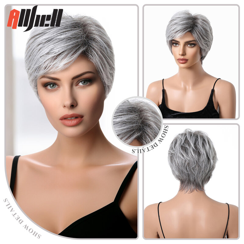 Wig potongan Pixie pendek untuk wanita wig sintetis berlapis lurus abu-abu perak dengan 30% rambut manusia wig campuran alami halus rambut