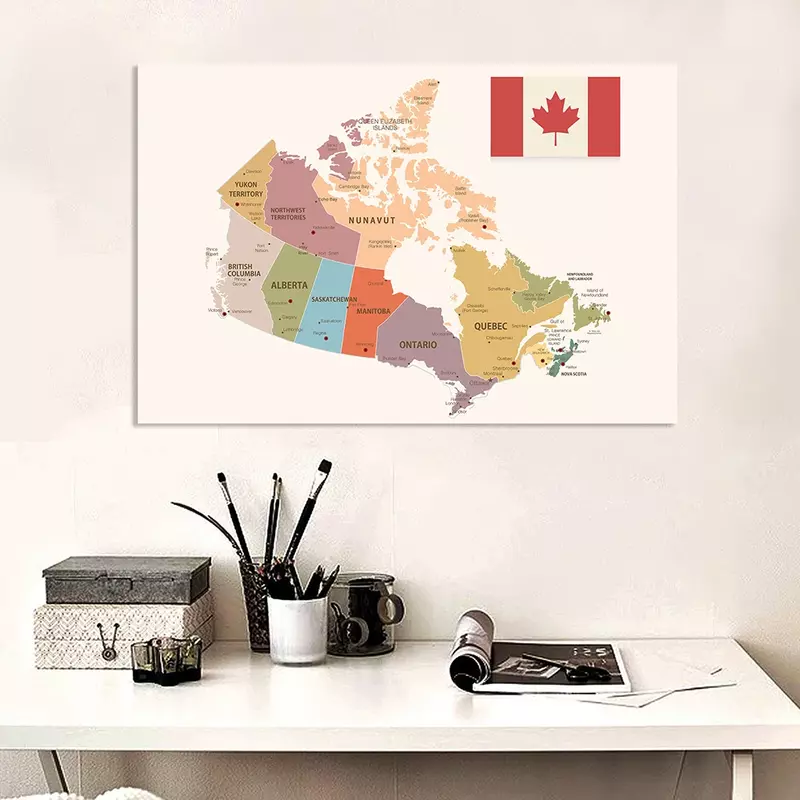 Póster grande del mapa politico de Canadá, pintura en lienzo no tejido, decoración de pared de clase para el hogar, suministros escolares, 225x150cm