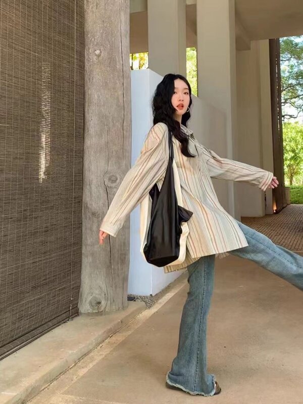 Miiiix kemeja wanita Korea, atasan kasual longgar gaya akademi Korea garis-garis vertikal, produk baru musim semi dan gugur 2024