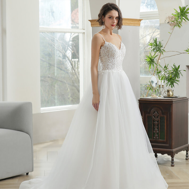 Brand New Surprise Price Wedding Suits For Women Ball Gown Spaghetti Straps Scoop Lace Vestido De Novia QW01099