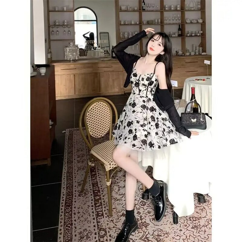 Sweet and Pure Desire Style Floral Camisole Dress+sun Protection Cardigan Set with Waist Cinching Small Sexy Fluffy Dress