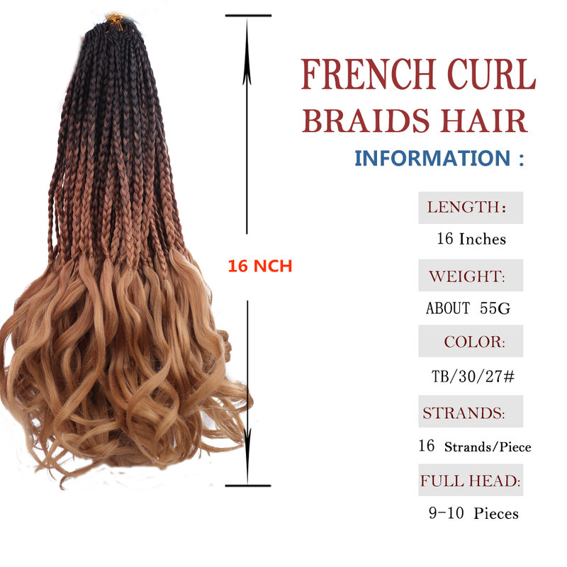 Trenzas rizadas francesas, extensiones de cabello trenzado, rizos franceses, extensiones de cabello sintético, 16 pulgadas