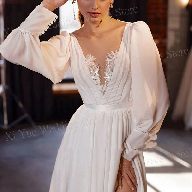Женское свадебное платье It's yiiya, белое шифоновое платье трапециевидной формы с V-образным вырезом, длинными рукавами-фонариками и открытой спиной на лето
