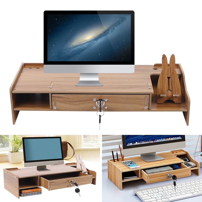 Organizer drewniana na biurko z pilnikiem biurko ze schowkiem szuflady Monitor stojak na laptopa Riser