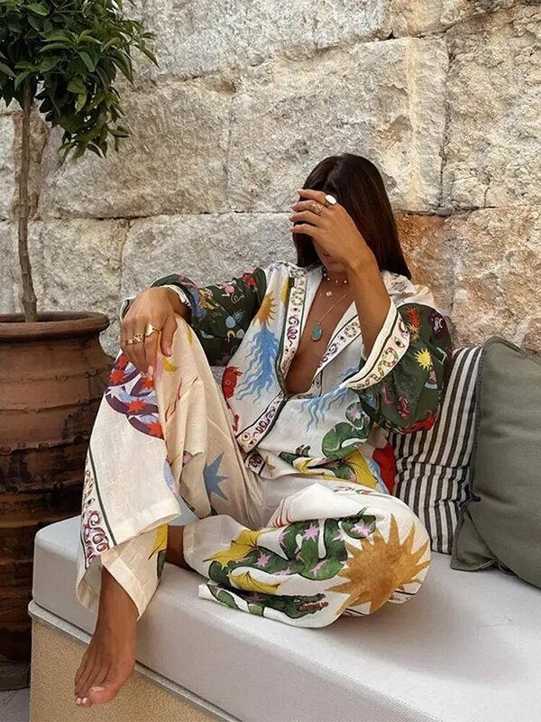 Loose Printed 2 Pieces Pant Sets Women Lapel Long Sleeve Blouse High Waist Wide Leg Pants Suit 2024 Summer Beach Holiday Outfits