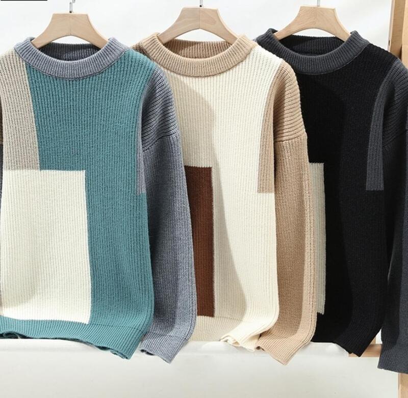 Sweater kasual leher bulat pria, atasan Pullover pola geometris dasar kontras modis pakaian rajut kasual leher bulat baru musim gugur musim dingin 2023