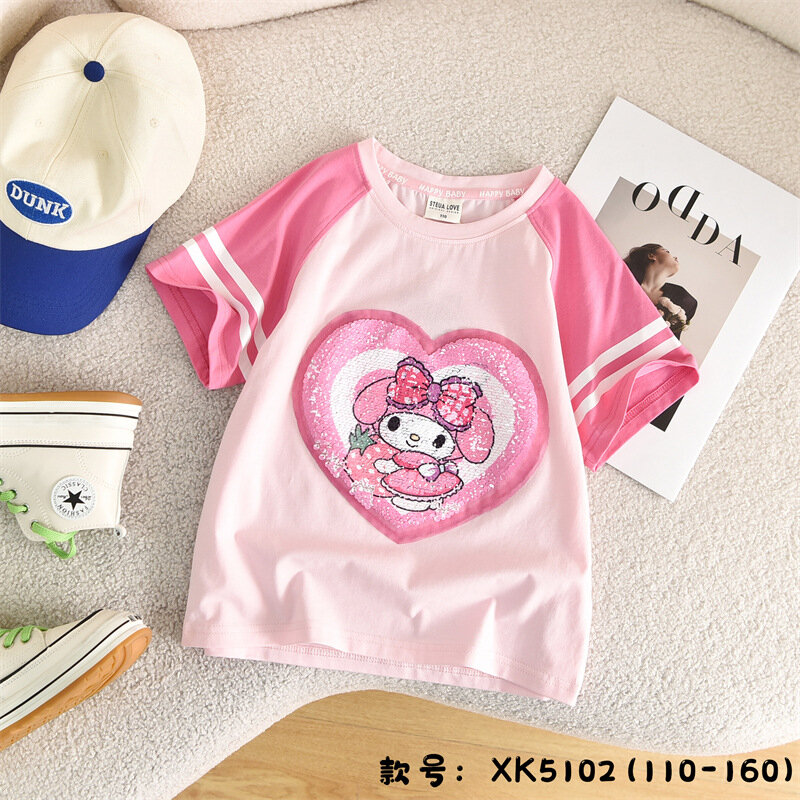 Camiseta de dibujos animados Sanrio para niños, camiseta de manga corta de Hello Kitty, Mymelody, Kuromi, Cinnamoroll, Tops de Anime de dibujos animados, regalo transpirable para niñas