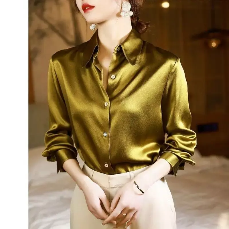 Brand Quality Luxury Women Shirt Elegant Office Button Up Long Sleeve Shirts Momi Silk Crepe Satin Blouses Business Ladies Top