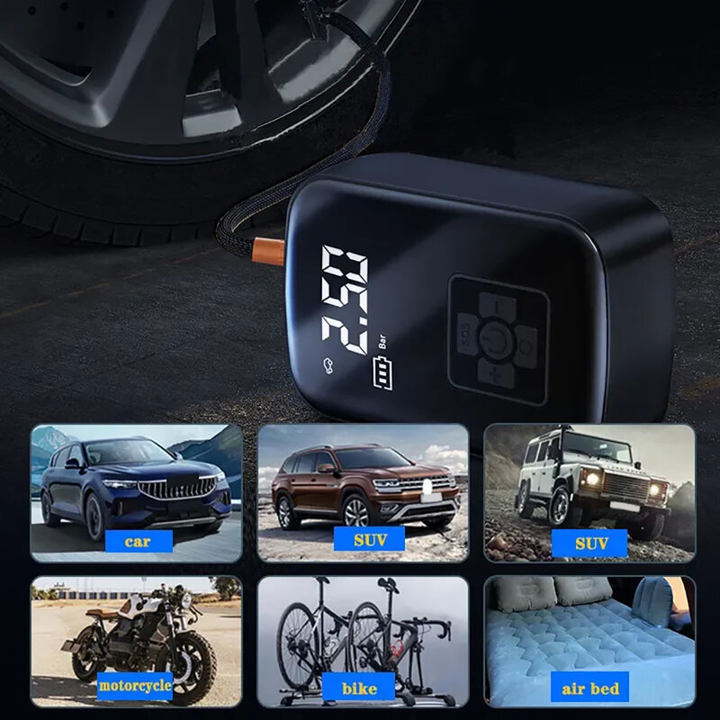 Motocicleta Digital Tire Pressão Detecção, bicicleta bomba, carro ar compressor, sem fio, carro pneu, bolas de futebol, fácil operação