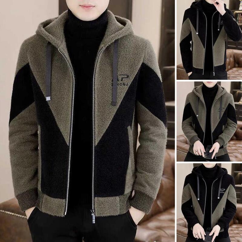 Jaqueta masculina com capuz, casaco de manga comprida, combinando cores, grossa, macia, plus size, quente, inverno