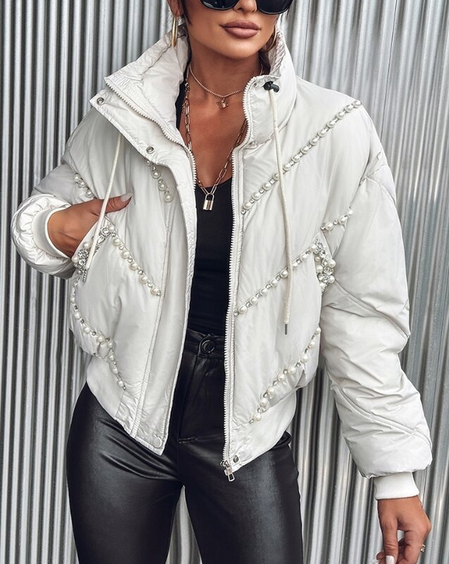 Jacken für Frauen Herbst Winter Mode Perlen Tasche stehen Kragen Reiß verschluss Design Langarm geste ppten Puffer Mantel lässig täglich