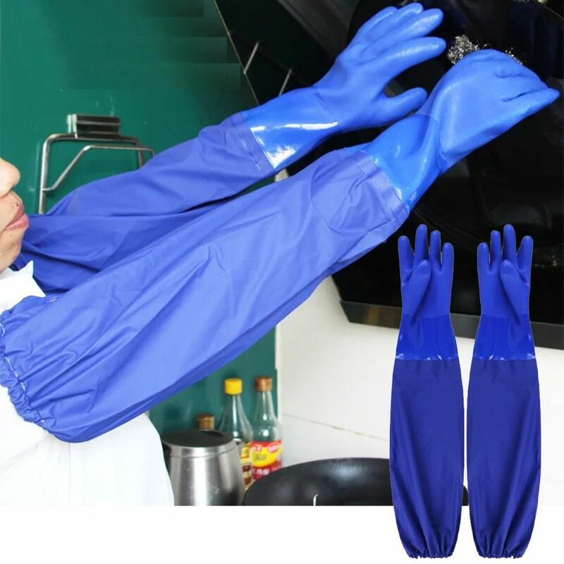 ถุงมือทำงาน60cm, ถุงมือทำความสะอาดในครัวเรือนกันน้ำสีฟ้า