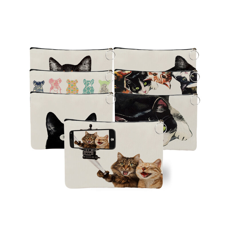 Cute Cartoon Cat Print Women Portable Pouch Clutch Travel Makeup Bag Large Canvas Toiletry Organizer Storage Cosmetic Cases