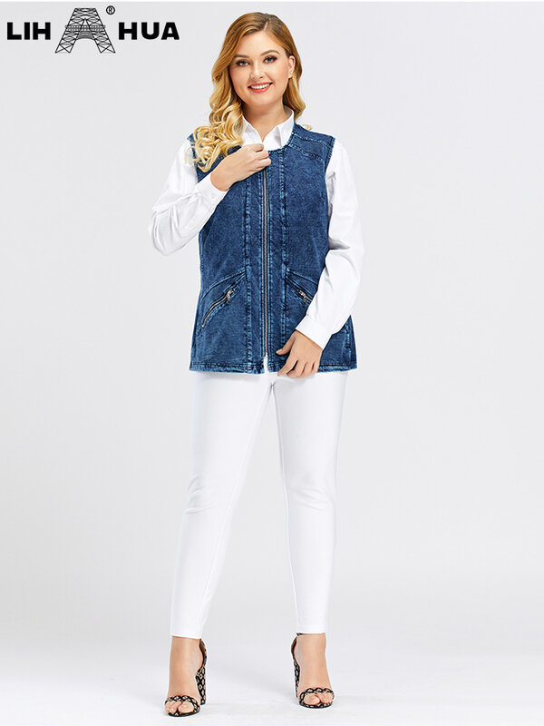 LIH HUA - Chaleco de talla grande para mujer, tejido de algodón de alta elasticidad con cremallera, chaleco de moda informal